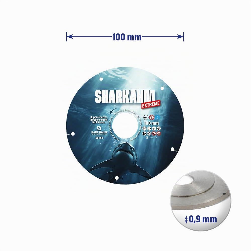 Karl Dahm Diamanttrennscheibe Sharkahm EXTREME Ø 100 mm – Ultradünne 0,9 mm Schnittbreite – Für Keramik & Feinsteinzeug – Präzise & ausplatzungsfrei – Trocken – 22,2 mm