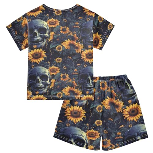 ALAZA Skull and Sunflowers Pajama Set Short Sleeve Sleepwear Soft Lounge Nightwear2