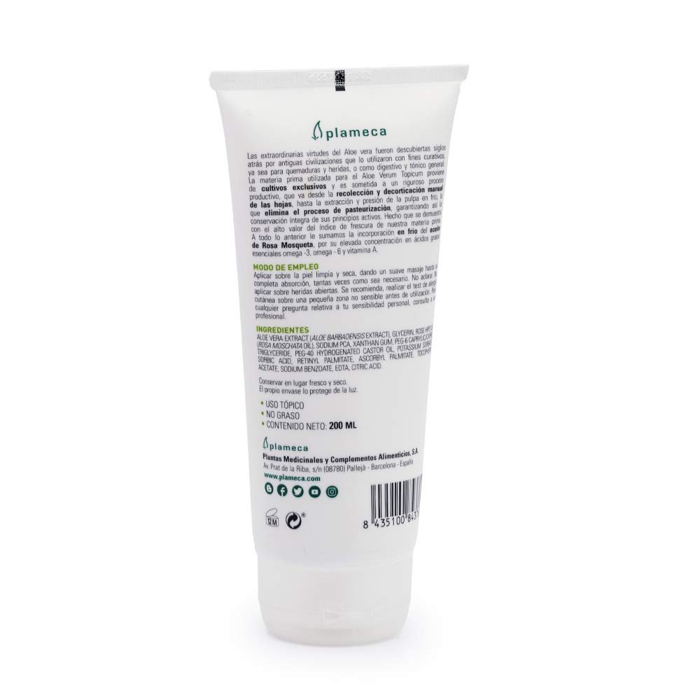 PLAMECA Aloe Verum Topicum, Hidratante y regenerador Gel Aloe Vera y Rosa Mosqueta Sin Pefume ni Parabenos, 200 ml