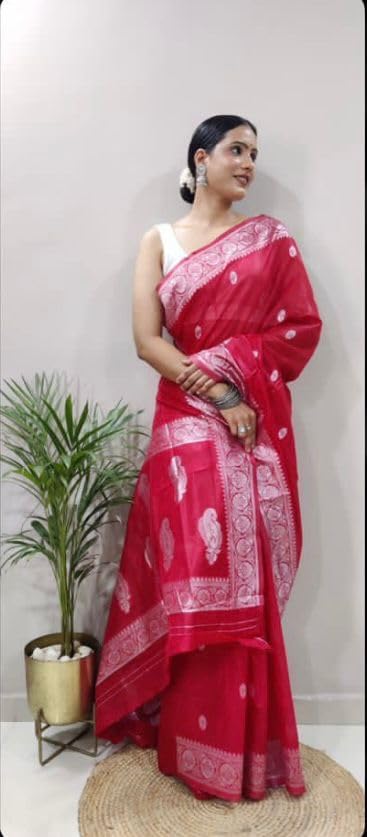 Image of Banarasi soft Cotton-Silk Saree with Unstitched Blouse - Graceful Design for Special Occasions, Weddings & Festivals