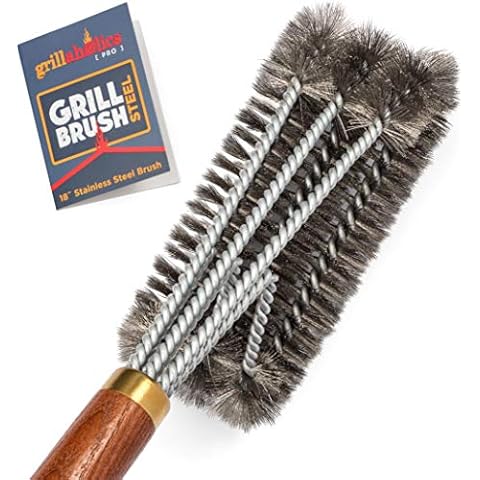 Grillaholics Pro Grill Brush Steel - Triple Machine Tested for Safety - Wire Grill Brush for Deep Grill Cleaning - Lifetime Manufacturer's Warranty Cover