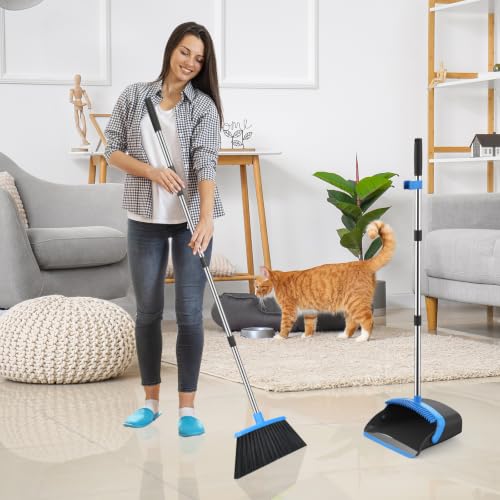 Image of NACENA Broom and Dustpan Set, 52-in Long Adjustable Handle Broom Dustpan Combo with Dustpan Teeth to Automatically Clean Hair Suitable for Home Kitchen Office Hall Floor (Black&Blue),3 Pack