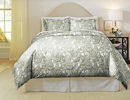 Pointehaven 2 Piece Bedding Duvet Set with Button Closure 200 Thread Count 100% Combed Cotton Boho Paisley Green Printed Duvet Set with Tie-Backs All Season Twin
