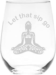 C M Buddha Engraved Stemless Wine Glass - 1 Piece - Let That Sip Go Funny Yoga Stemless Wine Glass for Women and Men - 17 oz (Style Y2)