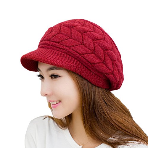 JOYHY Women's Winter Warm Knit Hat Snow Ski Caps with Visor (Red)
