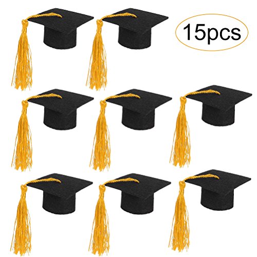 15 pcs Mini Graduation Caps, Graduation Cap Bottle Toppers Bachelor Graduation Hat Cute Pet Hat, Home Graduation Party Table Decorations - Yellow