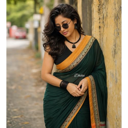 Image of Narayanpet Pure Cotton Avani Border Saree for Women with Running Blouse | Tassels | Traditional Woven Solid Design | Handloom Weave