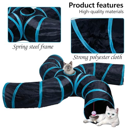 Image of EGETOTA Cat Tunnel for Indoor Cats Large, with Play Ball S-Shape 4 Way Collapsible Interactive Peek Hole Pet Tube Toys, Puppy, Kitty, Kitten, Rabbit (S4 - Black & Blue)
