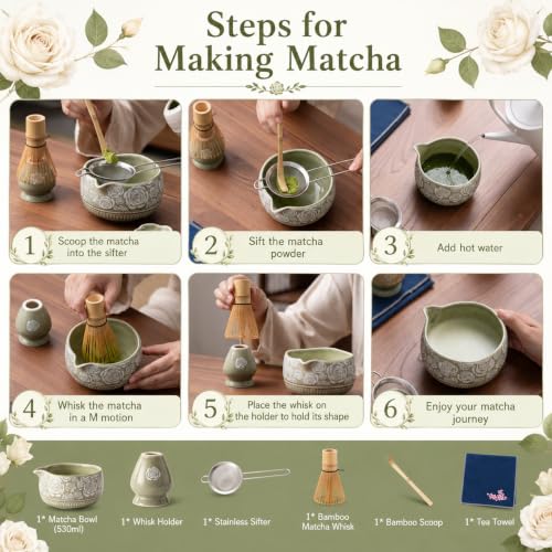 Image of Matcha Whisk Set, 7-Pc Ceramic Matcha Bowl Kit, Bamboo Whisk,(Rose Green)