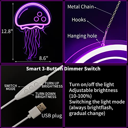Image of Jellyfish Neon signs for wall decor,Powered by USB Purple LED Neon Light Sign，3D Art Aesthetic Jelly Fish Neon Sign for Birthday Party,Jellyfish Decor, Kids Gifts