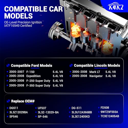 Image of DG511 Ignition Coil & SP546 Iridium Spark Plugs OE# FD508 UF537 7C3E12405AB | Compatible with 2005-2008 Ford F-150 /Expedition /F-250 F-350 Super Duty, 2005-2008 Lincoln Navigator Mark LT 5.4L V8