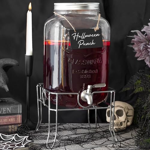 Ilyapa Outdoor Glass Beverage Dispenser with Sturdy Metal Base, Stainless Steel Spigot & Hanging Chalkboard - 1 Gallon Drink Dispenser for Lemonade, Tea, Cold Water