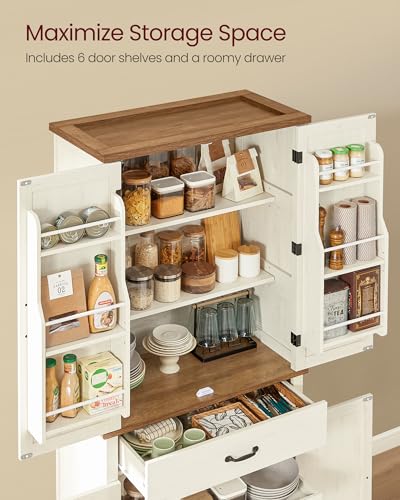 Image of VASAGLE Pantry Cabinet, Tall Storage Cabinet with Drawer, 70.3-Inch | Farmhouse kitchen cabinet with barn doors, tray, adjustable shelves, Rustic White, UBBK364WJ01S