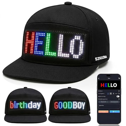 SZKUZMA Programmable LED Display Hat with Smart App Control Light Up Message Baseball Cap with Custom Scrolling Text & Graphics for EDM Raves Concerts Parties and Gag Gifts