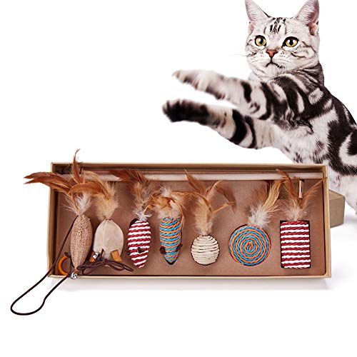 Aventa Cat Toys Box 7 en 1 Feather Toys Incluyen un Palo de Cuerda, ratón, Material de Lino Natural, Habilidades de Captura de práctica, Regalo Interesante para Gatos