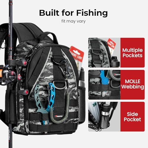 Image of Piscifun Fishing Backpack with Rod Holder, Lightweight Sling Bag Storge Gear and Equipment