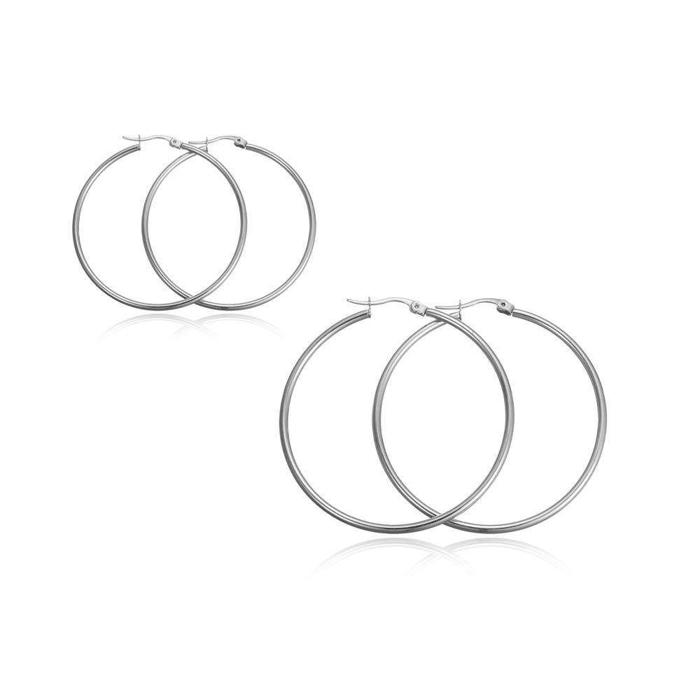 Women's 2 Pairs Lightweight Surgical Stainless Steel Hoop Earrings Set 50mm 35mm Diameter
