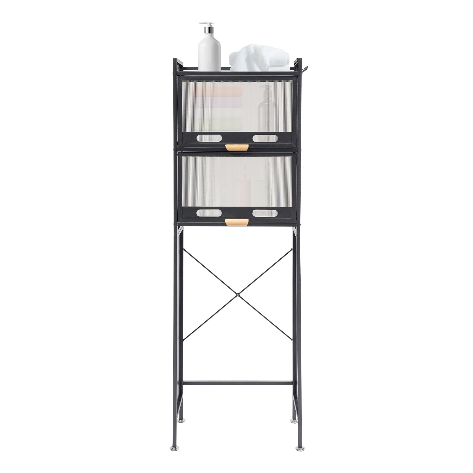 QIANMOON 3-Tier Over Toilet Bathroom Organizer, Storage Cabinet with Glass Doors and Adjustable Shelf, Freestanding Above Over Toilets Cabinets, for