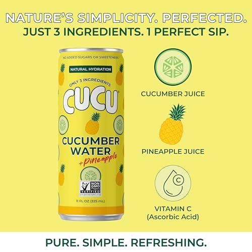 Image of CUCU Pressed Cucumber + Pineapple Water - Real Juice from Fresh Cucumbers and Pineapple with Vitamin C, Electrolytes & Antioxidants - No Sugar Added, Non-GMO - 11 fl oz Cans, 12 Pack