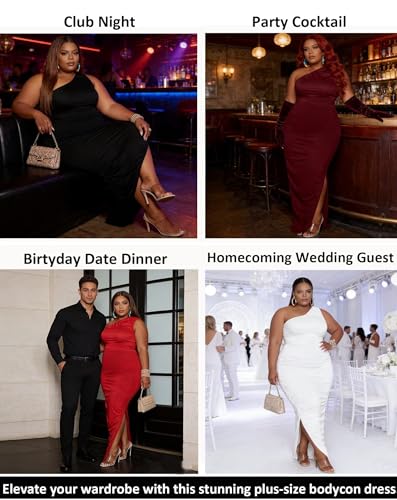 Image of Womens Sexy Plus Size One Off Shoulder Sleeveless Bodycon Ruched Evening Pencil Party Maxi Dresss