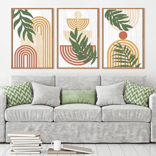 CHDITB 3PCS Green Sage Boho Poster Set,Botanical Framed Wooden Wall Decor,3D Boho Abstract Geometric Line Wall Art,Mid Century Nature Plants Decoration for Living Room Bedroom Office (30x40cm) - Image 3