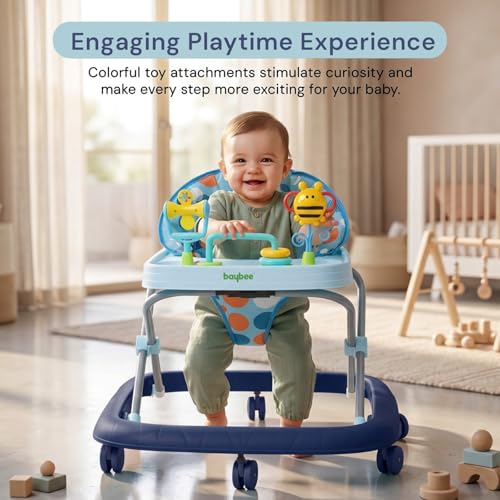 Image of Baybee Stepzilla Baby Walker for Kids | Foldable Activity Walker with 3-Level Height Adjustment, Soft Cushion Seat, Smooth Wheels & Toy Bar | Baby Walker for 6-18 Months Boys & Girls (Blue)