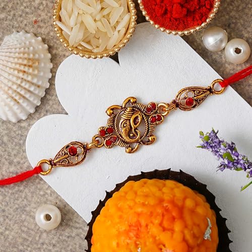 Image of eCraftIndia Floral Diamond Rakhi with Roli Chawal Pack | Rakhi for Brother Bhaiya Bhai