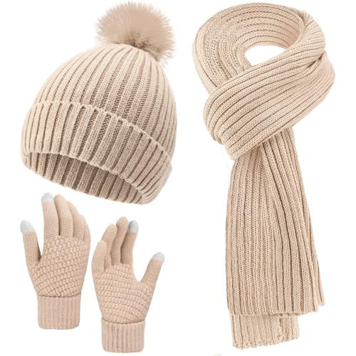 Geyoga 3 Pcs Winter Beanie Hat Scarf Gloves Set Warm Winter Knit Hats with Pom Long Scarf Touchscreen Gloves for Women Men(Beige)