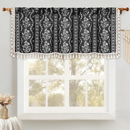 Image of Yinhua Boho Valance Curtains Vintage Linen Kitchen Valances for Windows Light Filtering Bohemian Floral Valance Rod Pocket Tassel Window Valances for Bathroom Cafe, 52 inch W X 18 inch L, Black