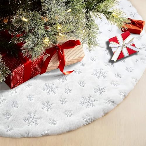 CaiTang Alfombra para árbol de Navidad con copos de nieve plateados, 90 cm, para cubrir la base, color blanco de piel sintética