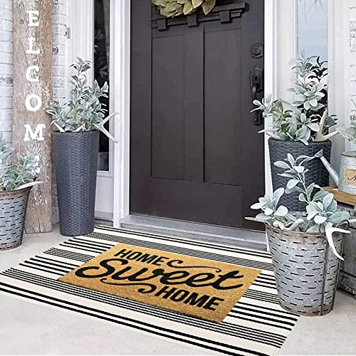 Black And White Striped Rug 24'' X 51''Outdoor Front Porch Rug Hand-Woven Machine Washable Indoor/Outdoor Layered Door Mats For Entryway/ Bedroom/Outdoor #TOP3