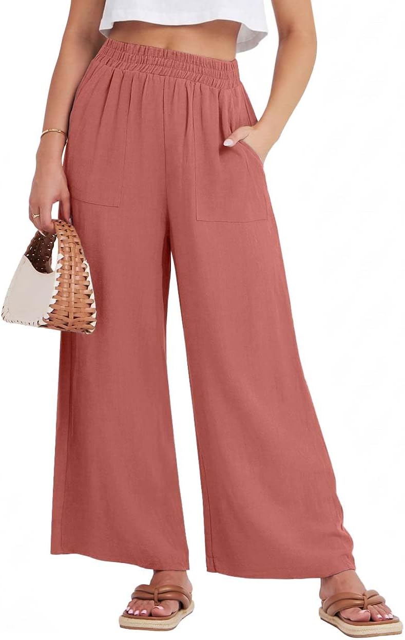GRECERELLE Women Elastic High Waisted Wide Leg Pants Woman Casual Palazzo Trousers