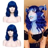 DWMGLP 14' Short Dark Blue Curly Wig For Women Girls Heat Resistant Fiber Wigs Halloween Cosplay Daily Party+Cap (Dark Blue)