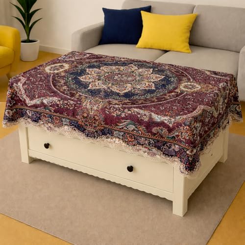 Image of Homerz Premium Centre Table Heritage Series Velvety Table Cover, Vibrant Royal Designs with Border Cutwork (Mughal, 36x54 inch - Center Table)