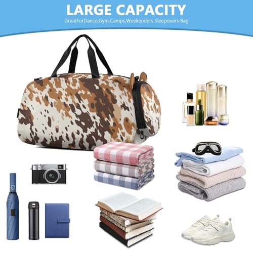 Cow Print Pattern Duffle Bag for Girl, Sports Duffle Gym Bags with Shoe Compartment, Personalized Overnight Bag Travel Weekender for Kids4