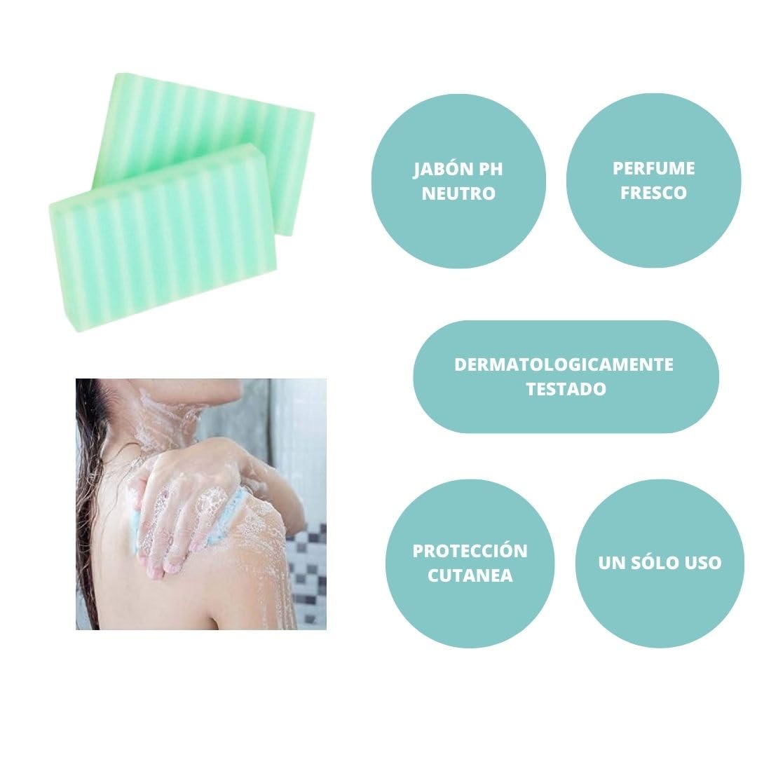 Obulco Belleza - Esponjas Jabonosas Desechables de un Solo Uso - Esponjas de Baño con Gel de Aloe Vera Dermatológico Hipoalergénico - Uso Adulto Bebé y Niño Sin Apena Agua - 20 unidades