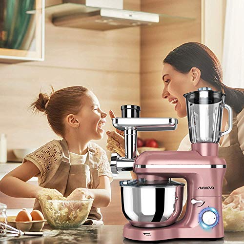 Nurxiovo Pro 3 in 1 Stand mixer Electric 850W Kitchen Food Mixer with 6 Speed and Pulse, Home mixer stand up with 6.5 QT Stainless Steel Bowl, Beater,Whisk,Dough Hook, Juice Extracter and Meat Blender, Rose Gold