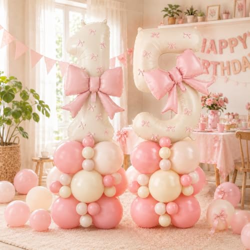 Image of 40 Inch Pink Beige Number 5 Balloon Tower with Bow 5th Birthday Decorations