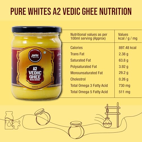 Image of Pure Whites A2 Gir Cow Vedic Ghee 500 ml Bilona Method | Better Nutrition, Digestion & Immunity Booster | Traditional and Homemade Organic Fresh Ghee | Pure, Natural & Healthy | Lactose and Gluten Free, Pure, Natural & Healthy | Rich in Omega 3 and 6