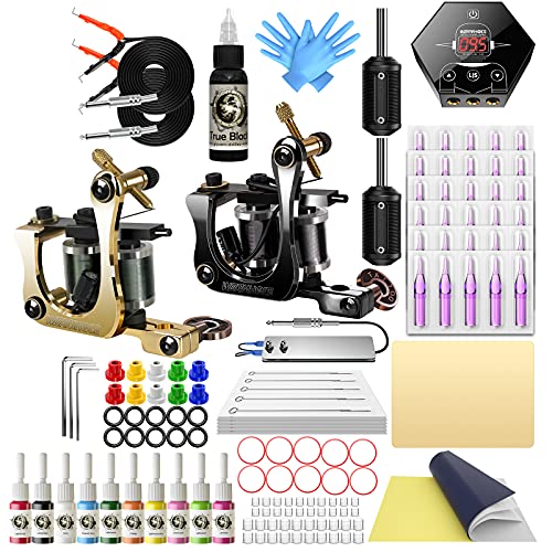 Wormhole Tattoo Machine Kit with 2 Tattoo Guns Complete Professional Tattoo kit Tattoo Power Supply/Foot Pedal/Inks/Needles/Grips/Tubes for Tattoo Practice Permanent Makeup Tattoo Supplies TK107
