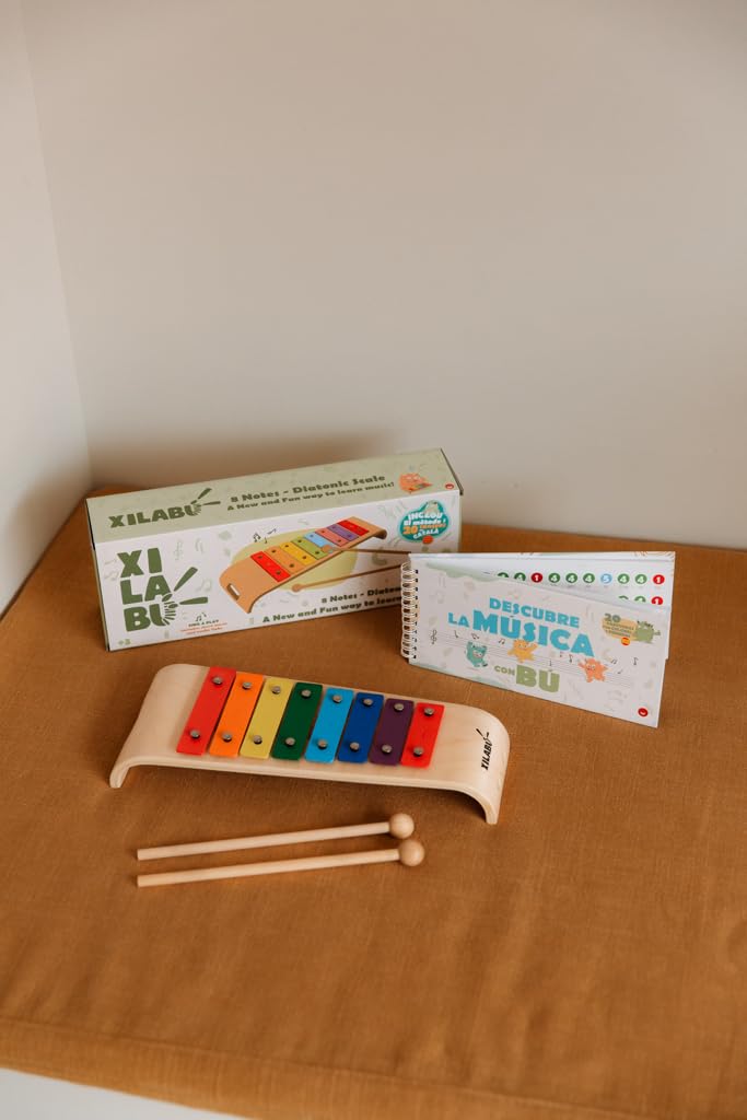 Ksylofon dziecięcy Xilabu z książką do piosenek, drewniany instrument muzyczny z 8 nutami, kolorami i dźwiękiem, zabawka Montessori dla dzieci w wieku +3 lat (hiszpański)