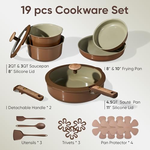 Image of CAROTE Ceramic Cookware Set, Pots and Pans Set Non Stick with Detachable Handle, RV Kitchen Cooking Set, Induction & Oven Safe, PFAS and PFOA Free, Pistachio Green 19 Pcs
