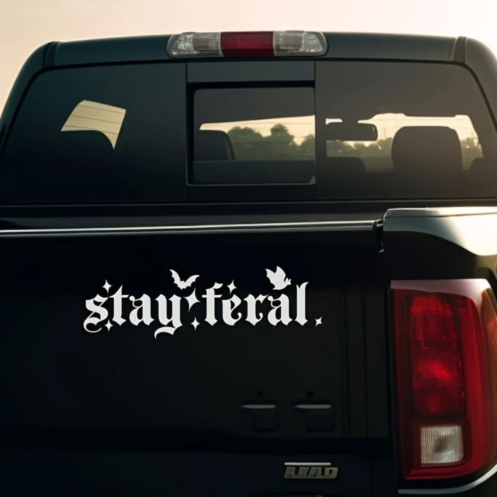 2PCS Stay Feral Car Bumper Stickers - Gothic Style Car Decals with Bat Accents - 7.9"x2.3" Angry Driver Sticker for Car Windows,Motorcycles-Road Rage Humor Decoration | #AZ14 (White)