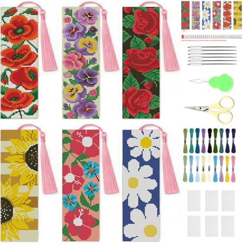 NEGEKFKX 6 Pcs Flower Cross Stitch Bookmark Kit for Adult Beginners Flowers Cross Stitch Kits 14 CT DIY Crossstitch Kits Adult Stamped Bookmark Embroidery Bookmarks Kit