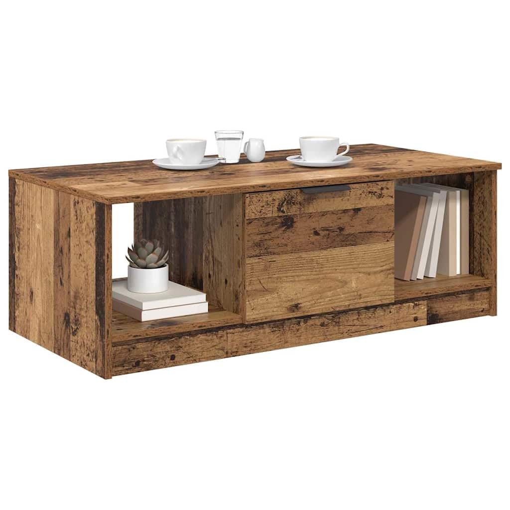 Mesa de centro con cajones de madera recuperada de 102 x 50 x 36 cm, mesa de salón con espacio de almacenamiento y estante, mesa auxiliar moderna para salón y sofá