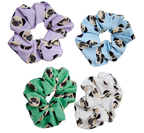 Happie Hare Scrunchies - Cotton Rounds Elastic Hair Bands - Scrunchy Hair Ties - Girls Hair Accessories - Gifts for Women (4 Pack, Pug)