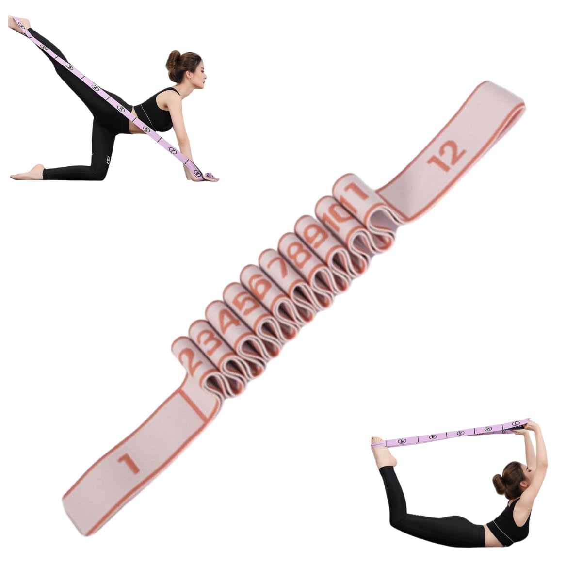 Fitness Resistance Band for Stretching and Yoga - Numbered Resistance Band for Glute Training, 8-Section Elastic Training Bands for Yoga (Pink, 12 Grids)