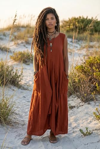 Image of Thaluta Women's Boho Cotton Sleeveless Dress Casual Loose Fit Maxi Dress with Big Pockets Fair Trade Light Summer Sundress
