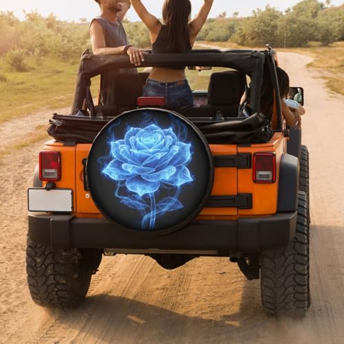 Image of Delerain Rose Blue Flame Spare Tire Covers for RV Trailer SUV Truck and Many Vehicle, Wheel Covers Sun Protector Waterproof (15 Inch for Diameter 27 inch-29 inch)