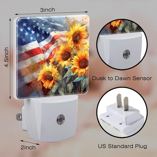 Image of American Flag with Sunflowers Night Light Plug into Wall,Watercolor USA Flag Patriotic Dusk to Dawn Night Light Plug in,0.5w Energy Saving Sleep Friendly NightLight for Kids Boys Girls Home Decor